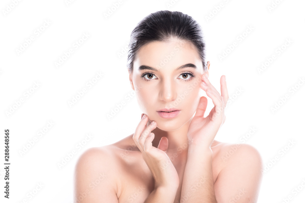 Beauty woman face isolate in white background. Young caucasian girl, perfect skin, cosmetic, spa, beauty treatment concept. Fingers touching jaw. Beauty woman face isolate in white background. Young caucasian girl, perfect skin, cosmetic, spa, beauty treatment concept. Fingers touching jaw.