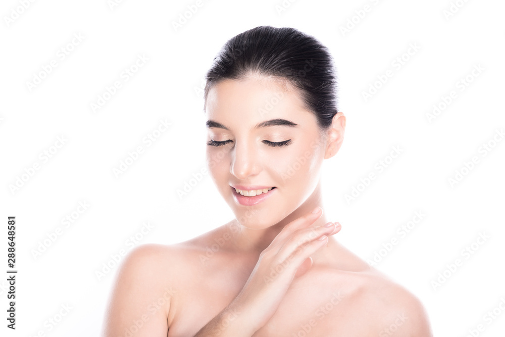 Beauty woman face isolate in white background. Young caucasian girl, perfect skin, cosmetic, spa, beauty treatment concept. Hand on neck, eye close, big smile. Beauty woman face isolate in white background. Young caucasian girl, perfect skin, cosmetic, spa, beauty treatment concept. Hand on neck, eye close, big smile.