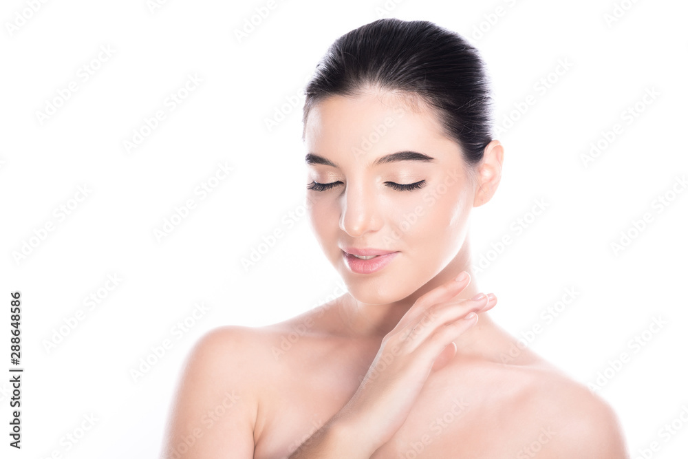 Beauty woman face isolate in white background. Young caucasian girl, perfect skin, cosmetic, spa, beauty treatment concept. Hand on neck, eye close, smile. Beauty woman face isolate in white background. Young caucasian girl, perfect skin, cosmetic, spa, beauty treatment concept. Hand on neck, eye close, smile.
