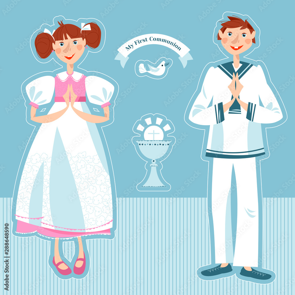 Little girl and boy pray at the First communion. Greeting card Mi Primera Comunión (My First Communion). Little girl and boy pray at the First communion. Greeting card Mi Primera Comunión (My First Communion).