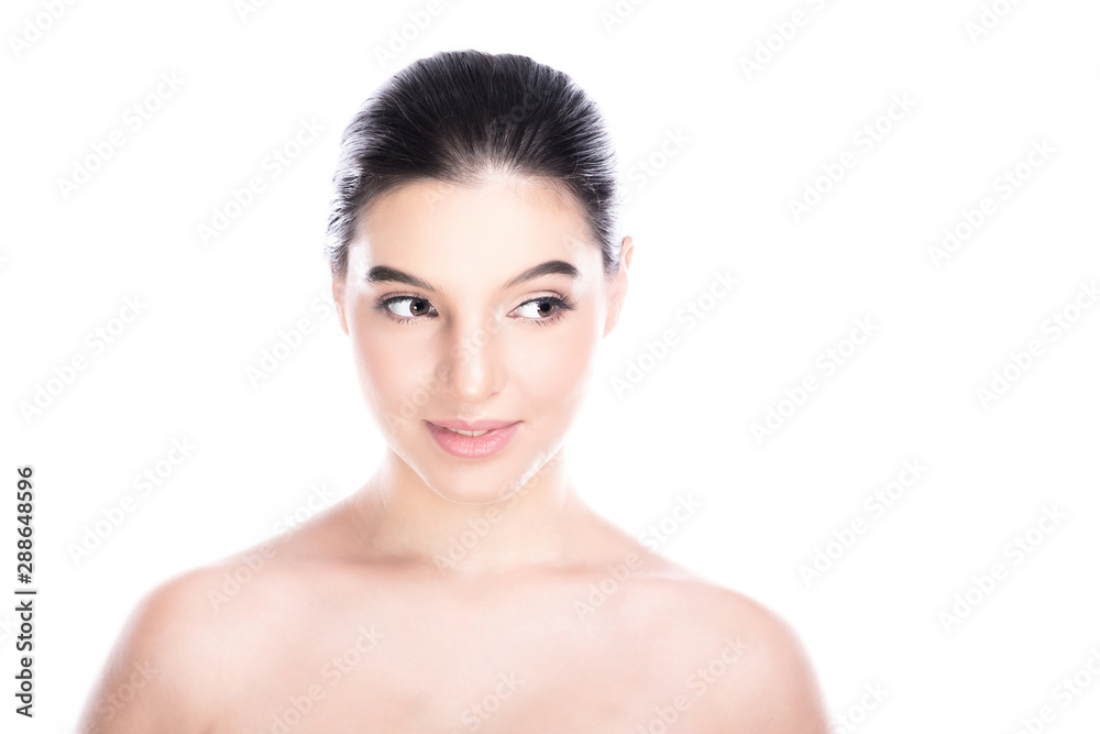 Beauty woman face isolate in white background. Young caucasian girl, perfect skin, cosmetic, spa, beauty treatment concept. Look to the right, copy space, smile. Beauty woman face isolate in white background. Young caucasian girl, perfect skin, cosmetic, spa, beauty treatment concept. Look to the right, copy space, smile.