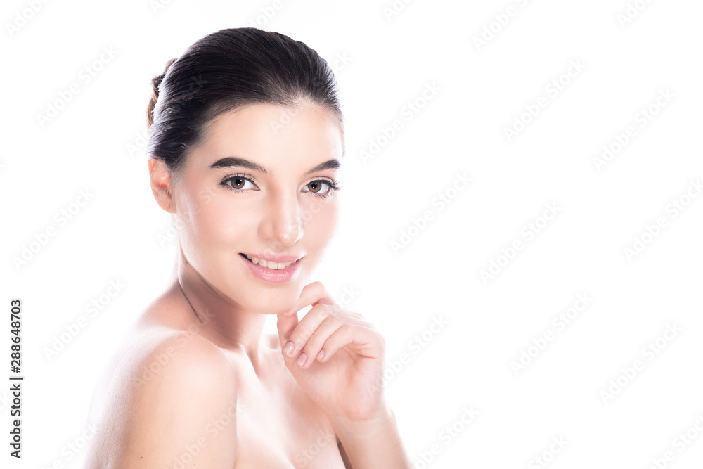 Beauty woman face isolate in white background. Young caucasian girl, perfect skin, cosmetic, spa, beauty treatment concept. Side shot, one finger touching jaw, copy space, big smile. Beauty woman face isolate in white background. Young caucasian girl, perfect skin, cosmetic, spa, beauty treatment concept. Side shot, one finger touching jaw, copy space, big smile.
