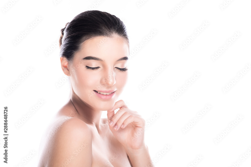 Beauty woman face isolate in white background. Young caucasian girl, perfect skin, cosmetic, spa, beauty treatment concept. Side shot, one finger touching jaw, copy space, close eye, big smile. Beauty woman face isolate in white background. Young caucasian girl, perfect skin, cosmetic, spa, beauty treatment concept. Side shot, one finger touching jaw, copy space, close eye, big smile.