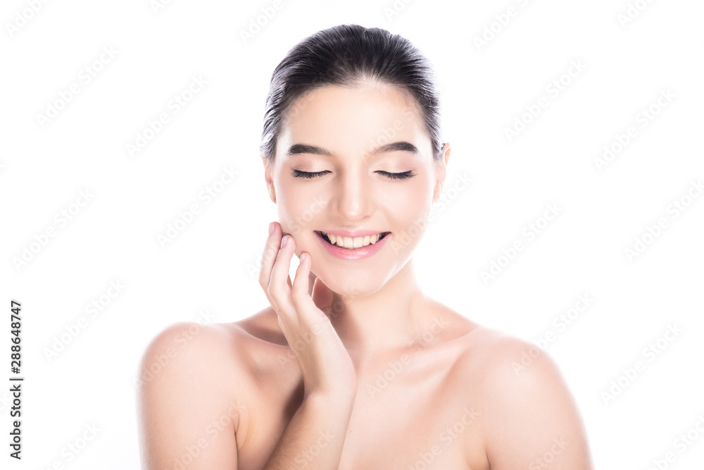 Beauty woman face isolate in white background. Young caucasian girl, perfect skin, cosmetic, dental, beauty treatment concept. Happy smile, close eye.