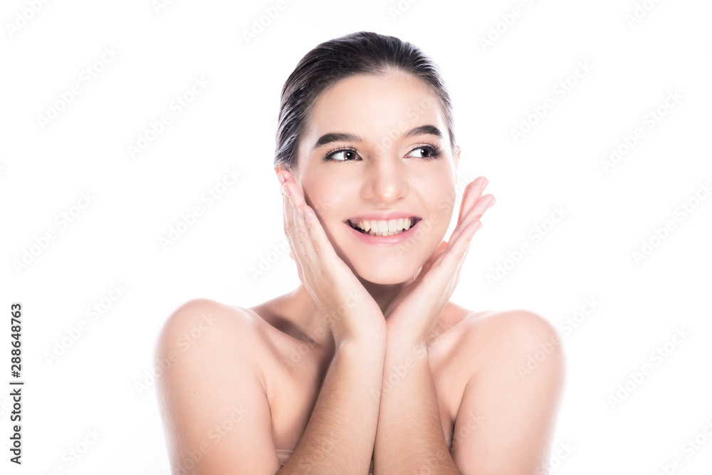 Beauty woman face isolate in white background. Young caucasian girl, perfect skin, cosmetic, dental, beauty treatment concept. Hand on face, big happy smile. Beauty woman face isolate in white background. Young caucasian girl, perfect skin, cosmetic, dental, beauty treatment concept. Hand on face, big happy smile.