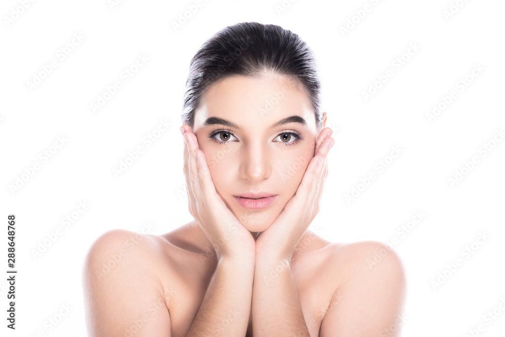 Beauty woman face isolate in white background. Young caucasian girl, perfect skin, cosmetic, spa, beauty treatment concept. Both hands on face. Beauty woman face isolate in white background. Young caucasian girl, perfect skin, cosmetic, spa, beauty treatment concept. Both hands on face.