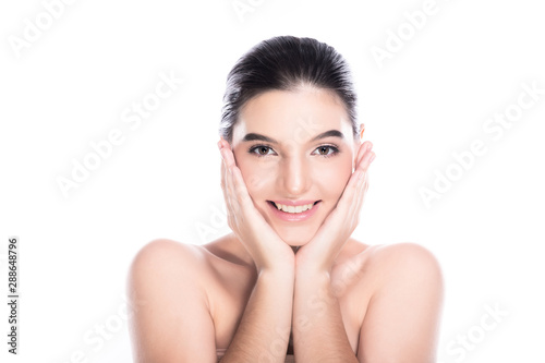 Beauty woman face isolate in white background. Young caucasian girl, perfect skin, cosmetic, spa, beauty treatment concept. Both hands on face, big smile.