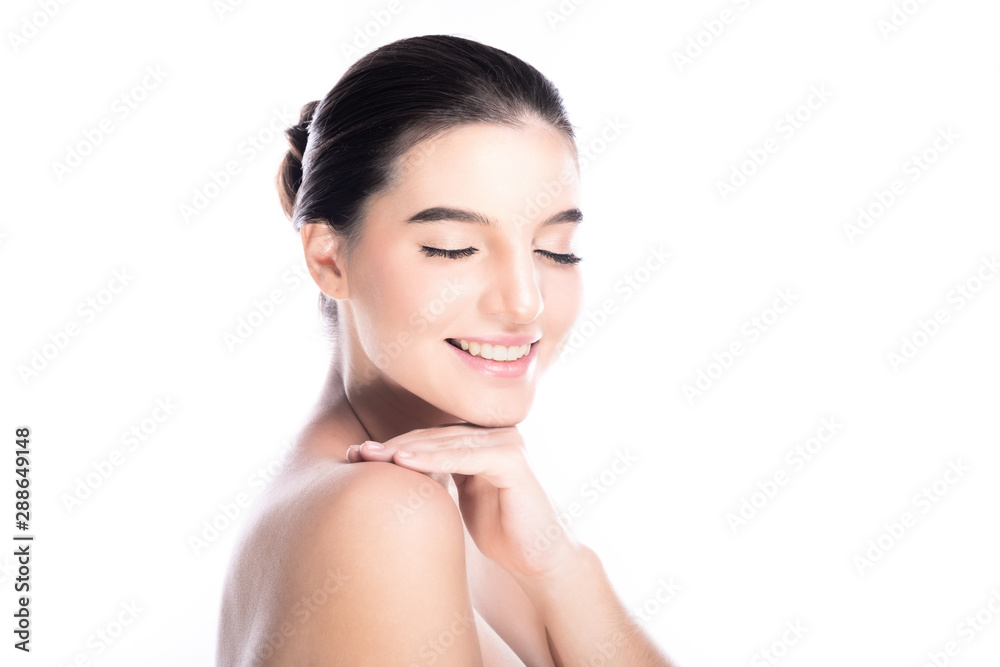 Beauty woman face isolate in white background. Young caucasian girl, perfect skin, cosmetic, spa, beauty treatment concept. Side shot, hand on shoulder, close eye, big smile. Beauty woman face isolate in white background. Young caucasian girl, perfect skin, cosmetic, spa, beauty treatment concept. Side shot, hand on shoulder, close eye, big smile.