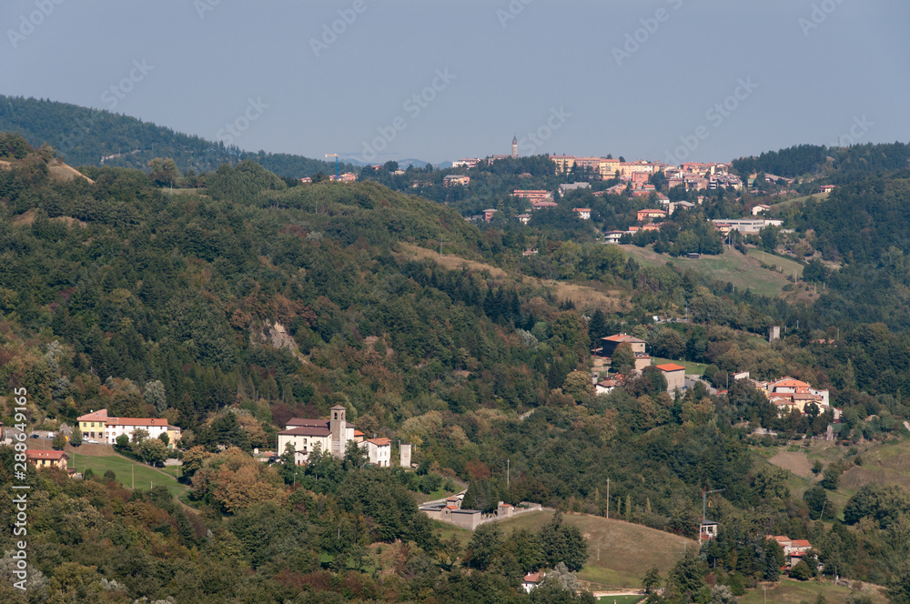 Aerial elevated view of Italian countryside with old towns and villages