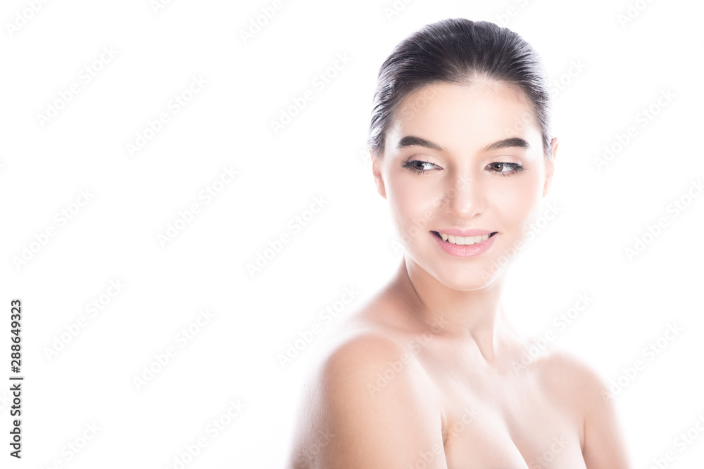 Beauty woman face isolate in white background. Young caucasian girl, perfect skin, cosmetic, spa, beauty treatment concept. Side shot, looking left, copy space, big smile. Beauty woman face isolate in white background. Young caucasian girl, perfect skin, cosmetic, spa, beauty treatment concept. Side shot, looking left, copy space, big smile.
