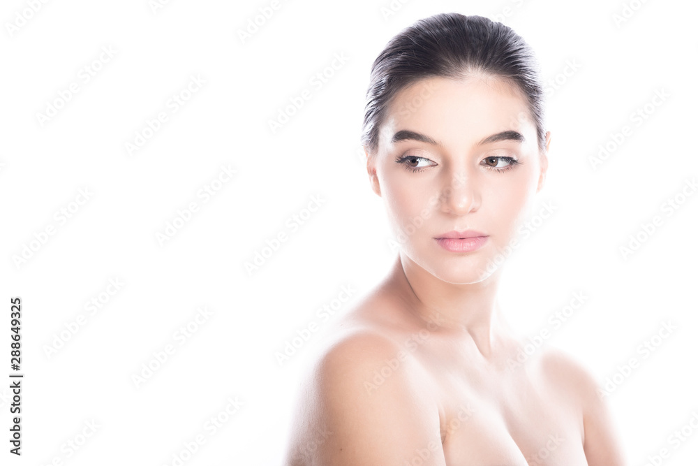 Beauty woman face isolate in white background. Young caucasian girl, perfect skin, cosmetic, spa, beauty treatment concept. Side shot, looking left, copy space. Beauty woman face isolate in white background. Young caucasian girl, perfect skin, cosmetic, spa, beauty treatment concept. Side shot, looking left, copy space.