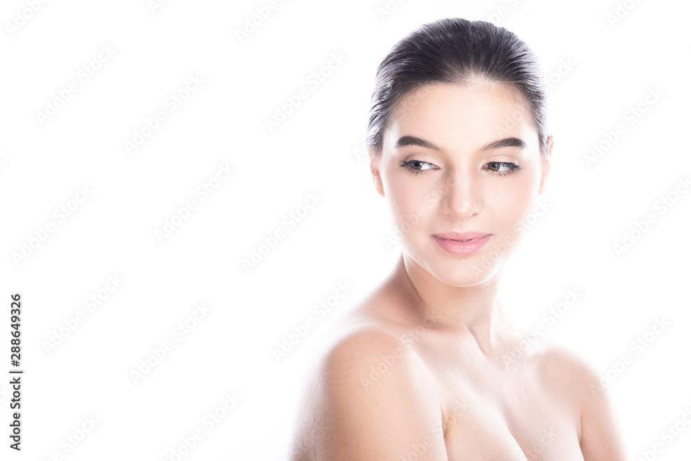 Beauty woman face isolate in white background. Young caucasian girl, perfect skin, cosmetic, spa, beauty treatment concept. Side shot, looking left, copy space, smile. Beauty woman face isolate in white background. Young caucasian girl, perfect skin, cosmetic, spa, beauty treatment concept. Side shot, looking left, copy space, smile.
