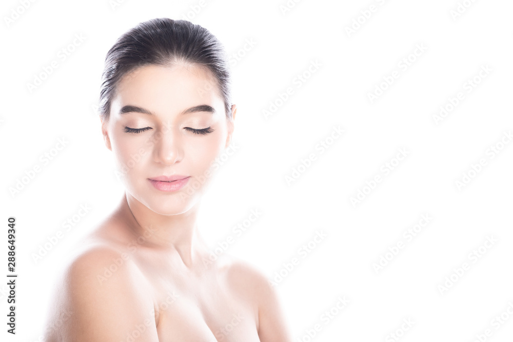 Beauty woman face isolate in white background. Young caucasian girl, perfect skin, cosmetic, spa, beauty treatment concept. Side shot, on left, copy space, close eye. Beauty woman face isolate in white background. Young caucasian girl, perfect skin, cosmetic, spa, beauty treatment concept. Side shot, on left, copy space, close eye.