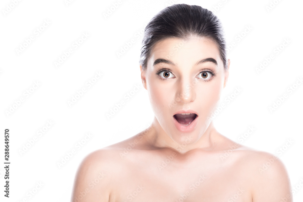 Surprise beauty woman face isolate in white background. Young caucasian girl, perfect skin, cosmetic, spa, beauty treatment concept. Big surprise. Surprise beauty woman face isolate in white background. Young caucasian girl, perfect skin, cosmetic, spa, beauty treatment concept. Big surprise.