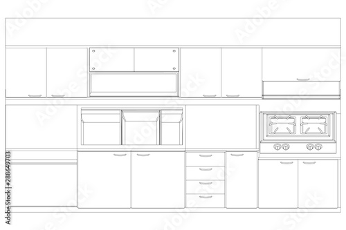 Kitchen contour with cabinets, shelves and tiles. Front view. Vector illustration.