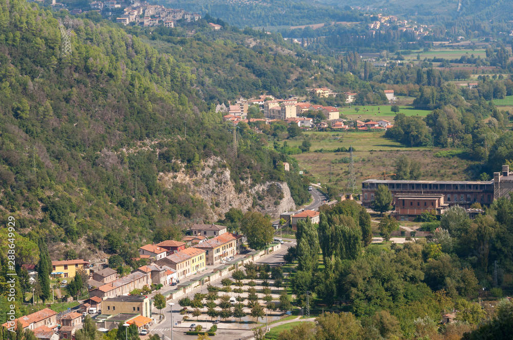 Birds eye view of countryside Italian town of Marmare in summer Birds eye view of countryside Italian town of Marmare in summer