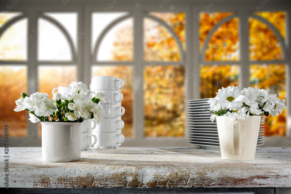 White wooden board of free space for your decoration and autumn time window 