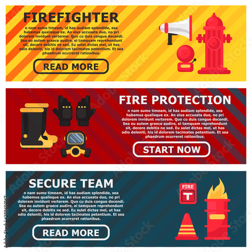 Fire protection. Fire safety. Fire extinguisher aimed at the fire. Vector illustration flat design. Place to describe instructions. Protection from flame. Show training instructions. Foam from nozzle.