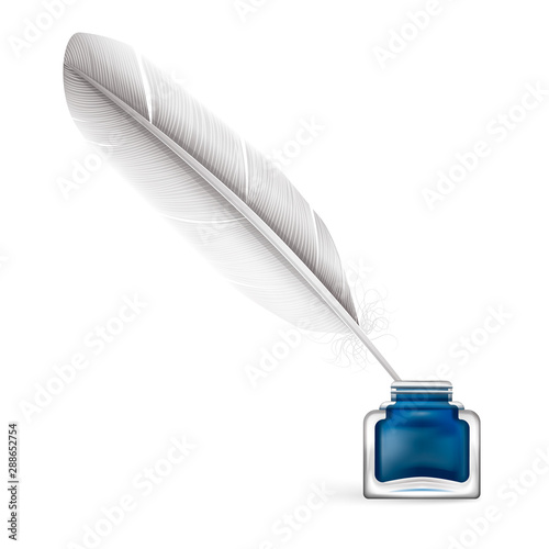 Feather pen into the inkwell vector realistic illustration