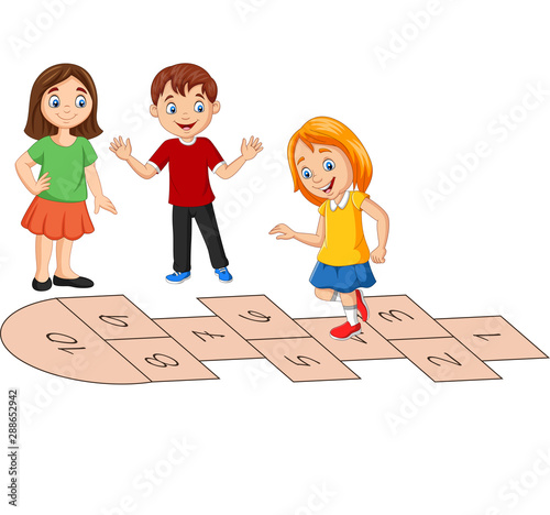 Children playing hopscotch on white background