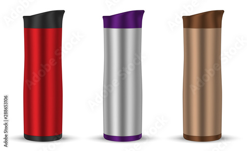 Travel mug set, realistic mockup. Metal thermos, mock-up. Portable insulated bottle, template. Easy to recolor.