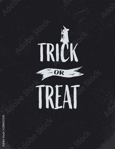 Halloween vintage card vector template postcard with retro lettering and witch standing with a broomstick. Party invitation, trick or treat message.