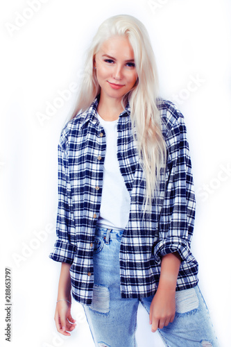 young pretty blond teenage girl close up portrait, lifestyle people concept isolated, teens fashion