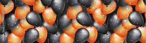 Halloween banner design. Website or social media header template for 31 october celebration with black and orange balloons with sparkles. Vector illustration.