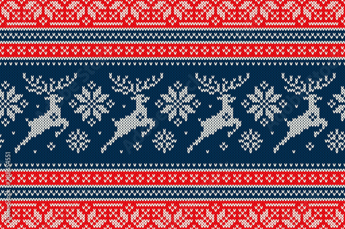 Winter Holiday Knitting Pattern with Christmas Reindeer and Snowflakes. Scheme for Wool Knit Christmas Sweater Seamless Pattern Design or Cross Stitch Embroidery.