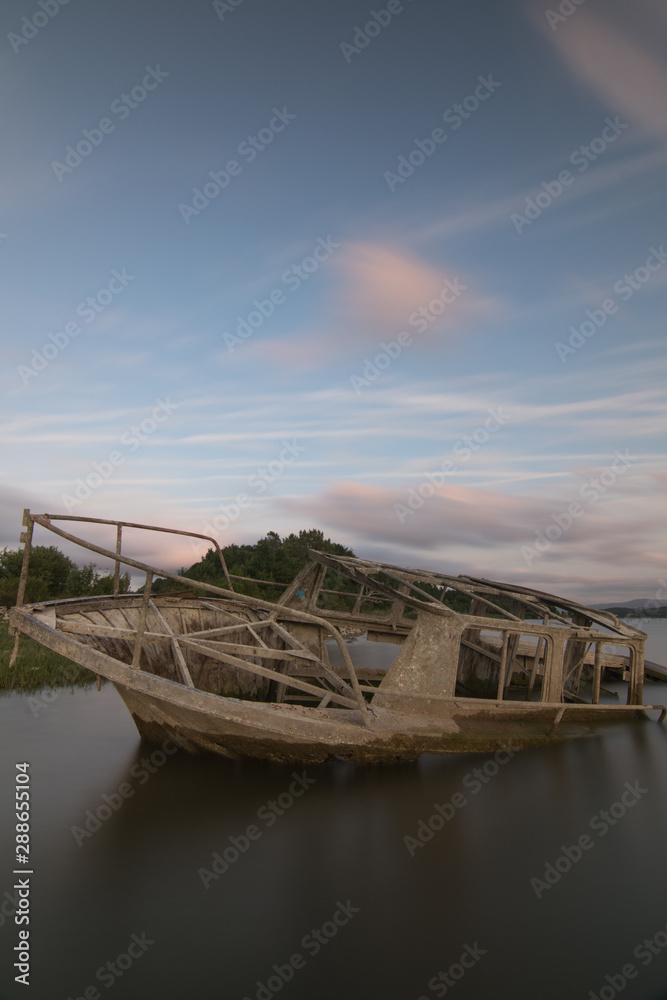 Barco hundido en medio de un pantano