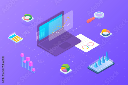 Statistics Analyse Data Information on Laptop Notebook isometric flat design vector illustration