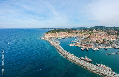 Panorama of Saint Tropez, Cote d'Azur, France, South Europe. Nice city and luxury resort of French riviera. Famous tourist destination with nice beach on Mediterranean sea © oleg_p_100