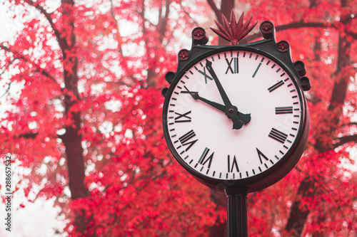 Old clock on a background of red leaves. Clock shows the end of the year