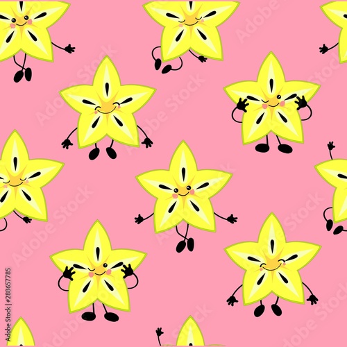 SEAMLESS exotic fruit carambola pattern, funny cute faces character. Kitchen textile or wrapping paper. © Анна Таранкова