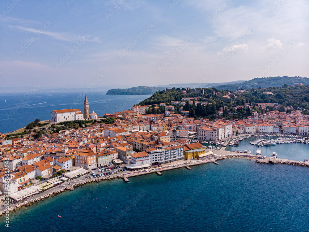 Piran, Slovenia (Drone shot). Beautiful town Piran, Slovenia (Drone shot). Beautiful town
