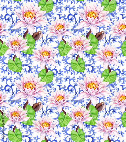 Fototapeta Naklejka Na Ścianę i Meble -  Lily flowers, waterlily, ornate oriental design. Seamless floral pattern. Water color