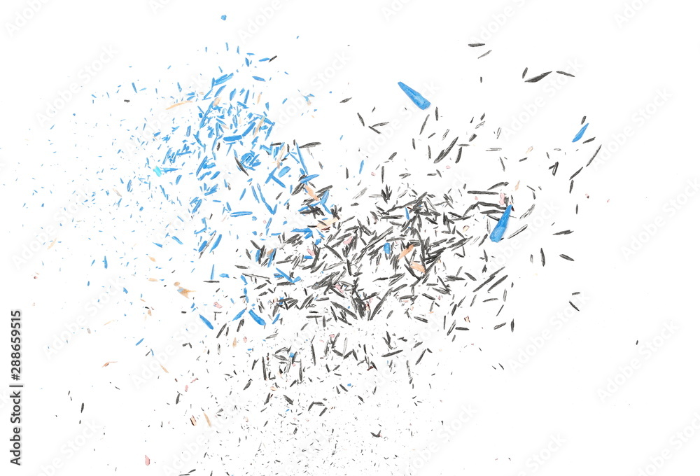 Fototapeta premium Pencil tip shavings from sharpener isolated on white background, top view