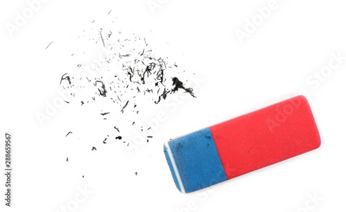 Schilderij op canvas Pencil tip shavings with eraser isolated on white background, top view