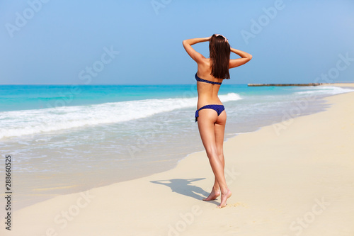 Sexy back of beautiful unrecognizable woman relaxing and sunbathing in bikini on sea background and palm. Sexy buttocks. Jumeirah beach in Dubai, UAE famous tourist destination