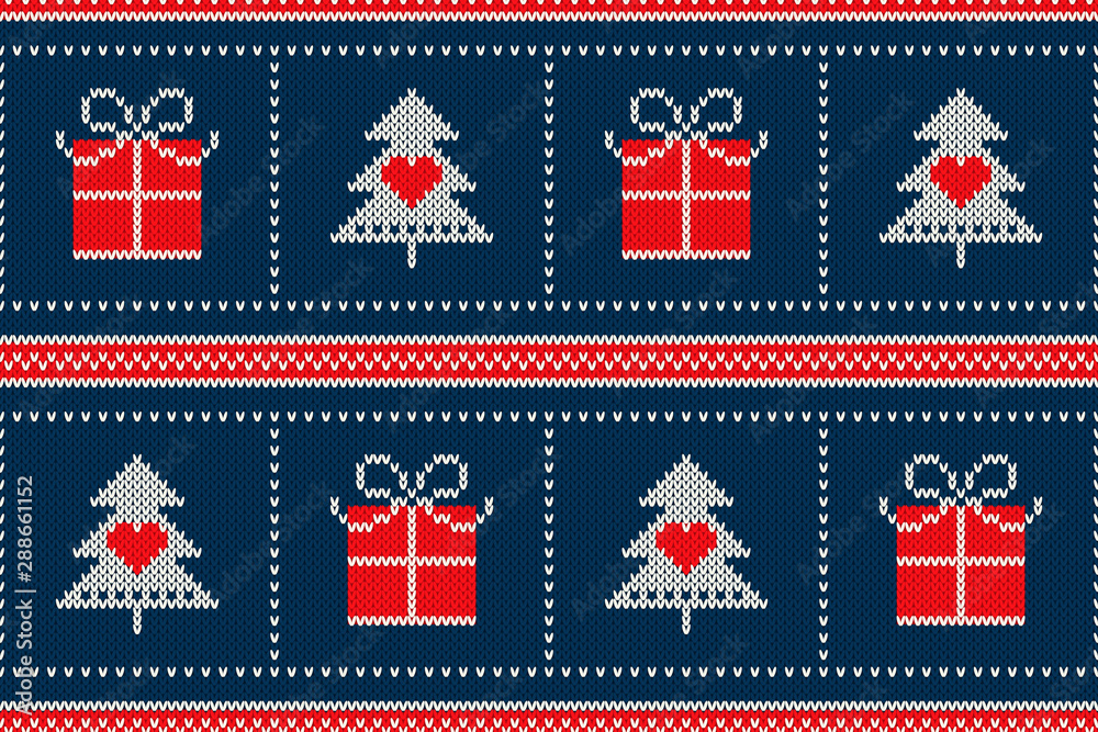 Obraz premium Winter Holiday Seamless Knitted Pattern with a Christmas Symbols: Christmas Tree and Present Box. Scheme for Wool Knit Sweater Seamless Pattern Design or Cross Stitch Embroidery.