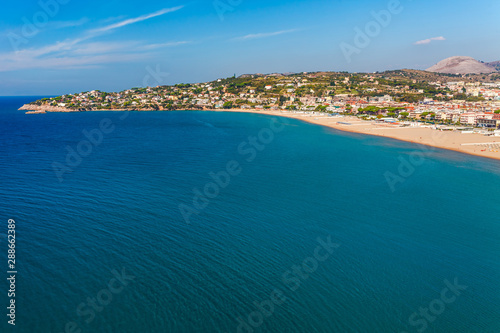 Panoramic sea landscape with Gaeta, Lazio, Italy. Scenic historical town with old buildings, ancient churches, nice sand beach and clear blue water. Famous tourist destination in Riviera de Ulisse © oleg_p_100