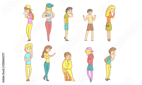 Sick People Characters Set, Guys and Girls Suffering From Different Symptoms Cartoon Vector Illustration