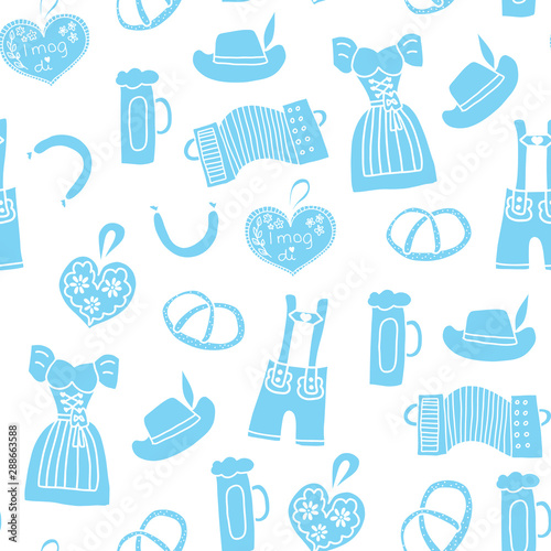 Oktoberfest background hand drawn cartoon doodle seamless vector pattern. Oktoberfest repeating tile. Traditional German icons. Bavarian beer, Lederhosen, Dirndl, gingerbread heart, sausage, pretzels