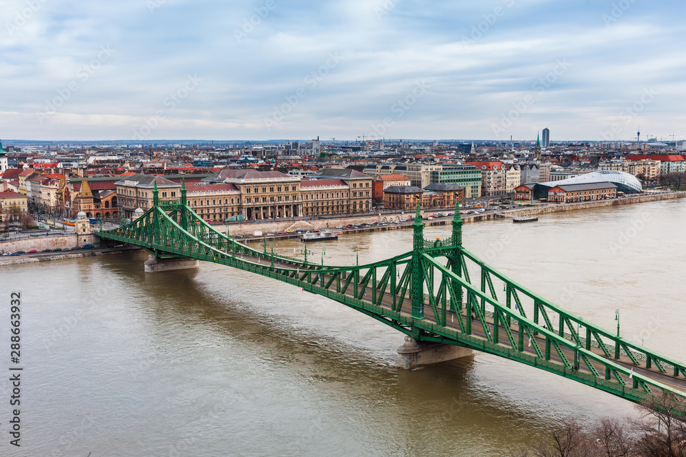 Panorama cityscape of famous tourist destination Budapest with Danube and bridges. Travel landscape in Hungary, Europe.