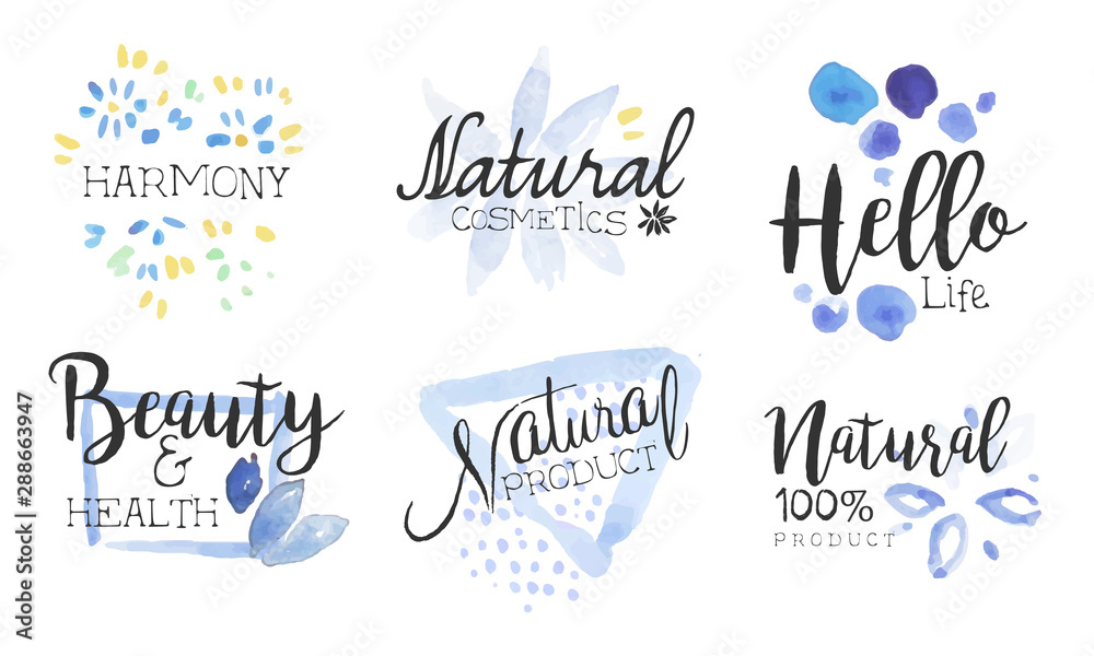 Natural Cosmetics Lables Set, Beauty and Healthy, Harmony, Organic Product Badges Watercolor Hand Drawn Vector Illustration Natural Cosmetics Lables Set, Beauty and Healthy, Harmony, Organic Product Badges Watercolor Hand Drawn Vector Illustration