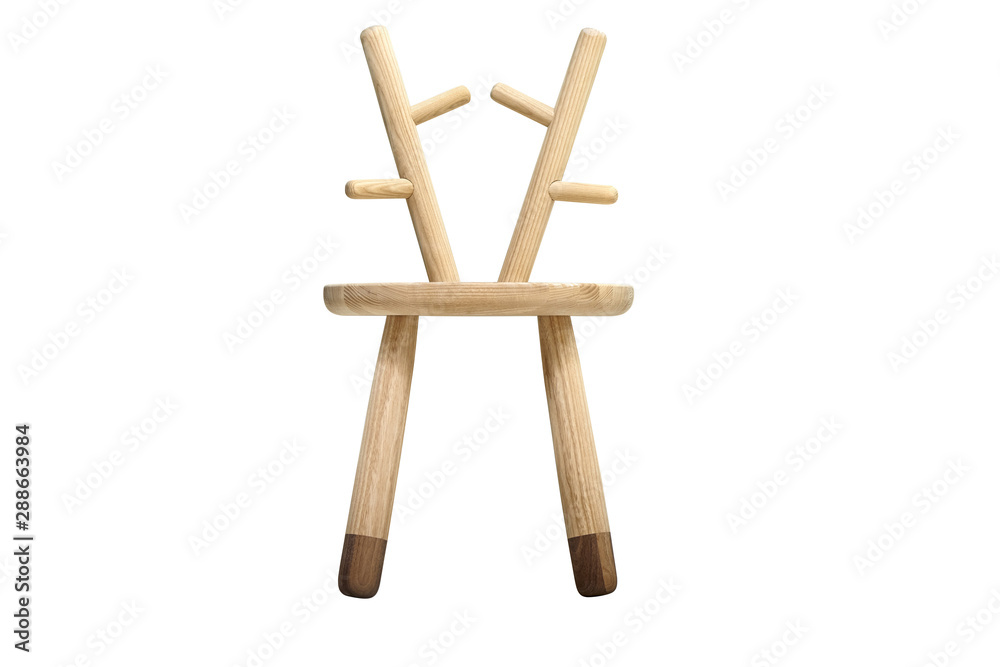 Wooden furniture. Creative child chair made of natural wood on a white background Wooden furniture. Creative child chair made of natural wood on a white background