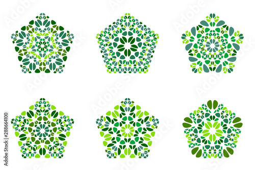 Ornate isolated geometrical flower pentagon symbol set - ornamental abstract colorful geometric vector graphic elements