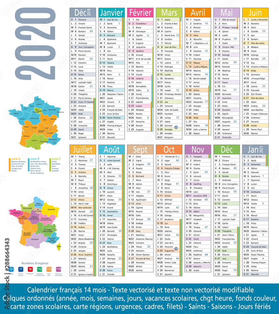 Naklejka premium 2020-Calendrier 14 mois-Carte régions et académies-2