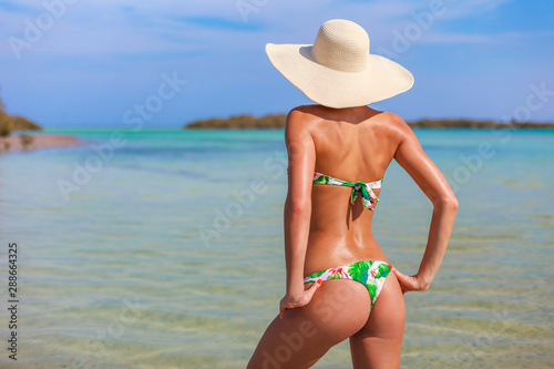 Sexy back of enjoying female outdoors on the coast on Red Sea, Egypt. Happy woman in colorful bikini and hat. Luxury travel tourism concept in tropical country.
