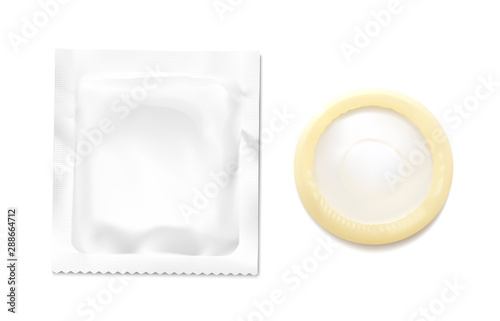 Realistic condom with package. Vector illustration isolated on white background. Easy to use for presentation your product, idea, design. EPS10.	